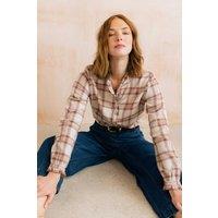 Lily & Me Women's Sage Check Cotton Long Sleeve Blouse with Scalloped Mandarin Collar in Natural | Size: 12