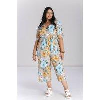 Hell Bunny Women's Pattaya Floral Viscose Wrap Jumpsuit Wide Leg Culottes & Tie Waist in Beige