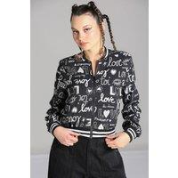 Hell Bunny Women's Love Yourself Varsity Cropped Jacket with Love Print Stripe Rib Trim in Black | Size: XS