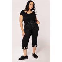 Hell Bunny Women's Destroya Denim Cropped Wide Leg Jeans with Raw Hem & Eyelet Detail in Black | Size: XS