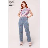 Hell Bunny Women's Lottie Daisy Embroidered High Waist Denim Jeans With Straight Leg Fit in Blue | Size: XS