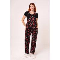 Hell Bunny Women's Black Apple & Daisy Print Cotton Twill Straight Leg Dungarees