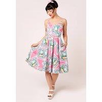 Hell Bunny Women's Dreamland Polka Dot Tropical 50s Style Midi Dress with Pockets in Pink