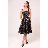 Hell Bunny Women's Isobel Strawberry Print 50s Cotton Circle Dress Adjustable Bow Straps in Black | Size: Large