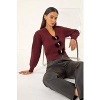 Dusk Women's Bow Buttoned Knit Cardigan in Burgundy | Size: 16