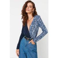 WOVCOR Women's Snake Print Contrast Wrap Bodysuit in Navy | Size: Medium