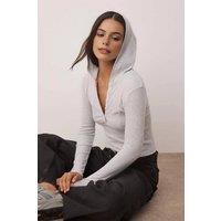 WOVCOR Women's Ribbed Button Front Hooded Stretch Knit Blouse in Light Grey | Size: XS