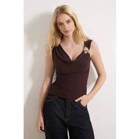 WOVCOR Women's Hardware Detail Cowl Neck Blouse Top in Brown | Size: Medium