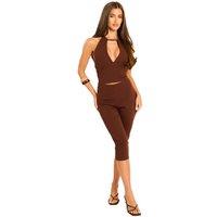Rebellious Fashion Women's Cut Out Halter Top & Capri Pants Co-ord Set in Chocolate | Size: 8