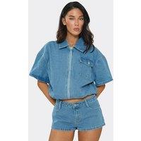 EGO Women's Short Sleeve Collared Denim Jacket in Mid Blue | Size: 8