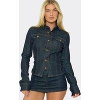 EGO Women's Long Sleeve Button Up Split Hem Denim Jacket in Dark Blue | Size: 6