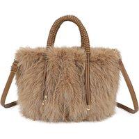 Fontanella Fashion Women's Avelyn Sparkling Faux Fur Top Handle Shoulder Bag with Braided Handle in Brown