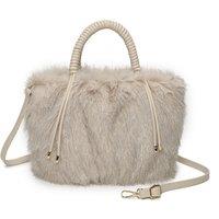 Fontanella Fashion Women's Avelyn Sparkling Faux Fur Top Handle Shoulder Bag with Braided Handle in Off-White