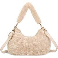 Fontanella Fashion Women's Aloura Small Faux Fur Sewn Lace Rose Flower Pattern Shoulder Hobo Bag in Beige