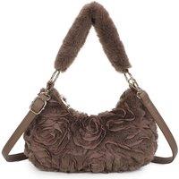 Fontanella Fashion Women's Aloura Small Faux Fur Sewn Lace Rose Flower Pattern Shoulder Hobo Bag in Taupe