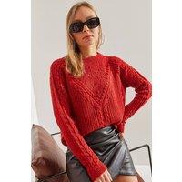 Bianco Lucci Women's Patterned Thick Crew Neck Sweater in Red