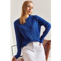 Bianco Lucci Women's Patterned Thick Crew Neck Sweater in Bright Blue