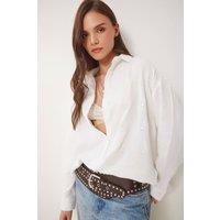 Happiness Istanbul Women's Textured Embroidered Long Sleeve Shirt with Button Closure in Ivory | Size: Large