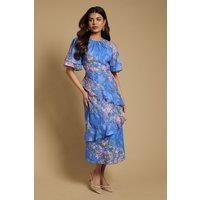 Oasis Women's Petite Double Frill Satin Burnout Midi Dress in Navy | Size: 12