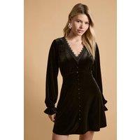 Oasis Women's Velvet Lace Trim Button Through Mini Dress in Black | Size: 14