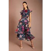 Coast Women's Lace Trim Tiered Organza Midi Dress in Navy | Size: 18