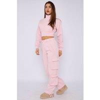 STYLEWISE Women's Cropped Zip Sweatshirt & Cargo Trouser Tracksuit Co-ord in Pink | Size: Large/XL