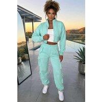 STYLEWISE Women's Cropped Zip Sweatshirt & Cargo Trouser Tracksuit Co-ord in Mint | Size: XS/S