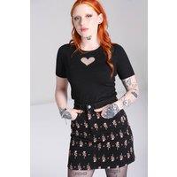 Hell Bunny Women's Lover Black High Waist Rose Embroidered Denim Mini Skirt