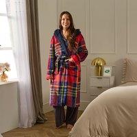 OHS Check Flannel Fleece Dressing Gown Thermal Sherpa Lined Bathrobe in Navy