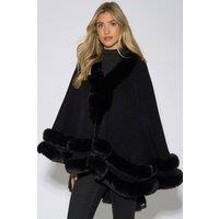 Gini London Women's Black Double Layer Fur Trim Cape | Size: Medium/Large