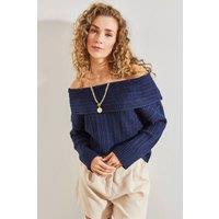 Bianco Lucci Women's Off Shoulder Ribbed Knit Sweater in Navy