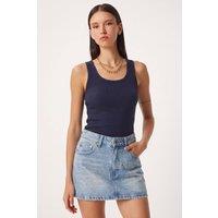 Happiness Istanbul Women's Fitted Cotton U Collar Tank Top in Navy | Size: Large