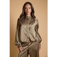 Oasis Women's Petite Polka Dot Satin Back Crepe Funnel Neck Jacket in Olive | Size: 12