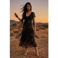 NastyGal Women's Floral Chiffon Fringe Maxi Dress in Black | Size: 8