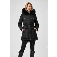MODISHION Women's Hooded Mid-length Coat with Detachable Faux Fur Trim in Black | Size: Large