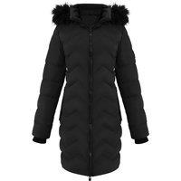 MODISHION Women's Detachable Hooded Mid-length Chevron Quilted Coat with Faux Fur Trim in Black | Size: XL