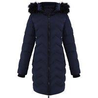 MODISHION Women's Detachable Hooded Mid-length Chevron Quilted Coat with Faux Fur Trim in Navy | Size: Large