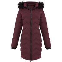 MODISHION Women's Detachable Hooded Mid-length Chevron Quilted Coat with Faux Fur Trim in Wine | Size: XL
