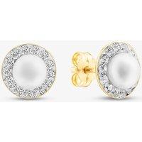 T.H.Baker Women's 9ct Yellow Gold Cultured Pearl Crystal Stud Earrings 1.58.7559