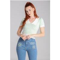 Hell Bunny Women's Joanie Retro Knitted V Neck Short Sleeves Top in Mint | Size: 2XL