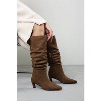 Where's That From Women's Kensley Ruched Slouch Knee High Snipped Toe Boot in Brown | Size: 8