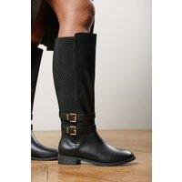Where's That From Women's Elaris Double Buckle Detail Stretch Elastic Knee High Riding Boots in Black | Size: 5