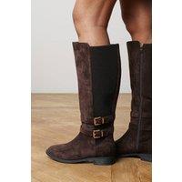 Where's That From Women's Elaris Double Buckle Detail Stretch Elastic Knee High Riding Boots in Dark Brown | Size: 5