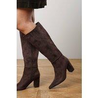 Where's That From Women's Evixa Wide Fit Knee High Pointed Toe Block Heel Boot in Dark Brown | Size: 6-Wide Fit