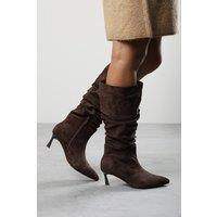 Where's That From Women's Kivora Ruched Knee High Pointed Stiletto Boot in Dark Brown | Size: 5
