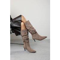 Where's That From Women's Kivora Ruched Knee High Pointed Stiletto Boot in Taupe | Size: 5