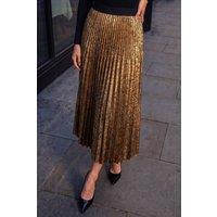 Roman Women's Pleated Stretch Midi Skirt in Gold | Size: 12