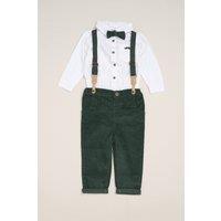 Little Gent Boy's Corduroy Bow Tie Mock Shirt, & Trousers with Braces Outfit Set in Green | Size: 18 m