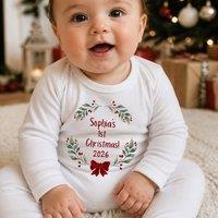Aye Do Gifts Personalised 1st Christmas Red Bow - Baby Grow with Name in White | Size: Newborn