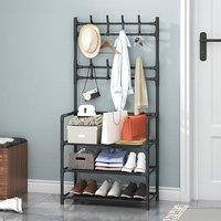 Living and Home 3-Tier Shoe Rack with Coat Hanger 60cm W x 140cm H Garmen Rack Coat Rack in Black | Size: Small